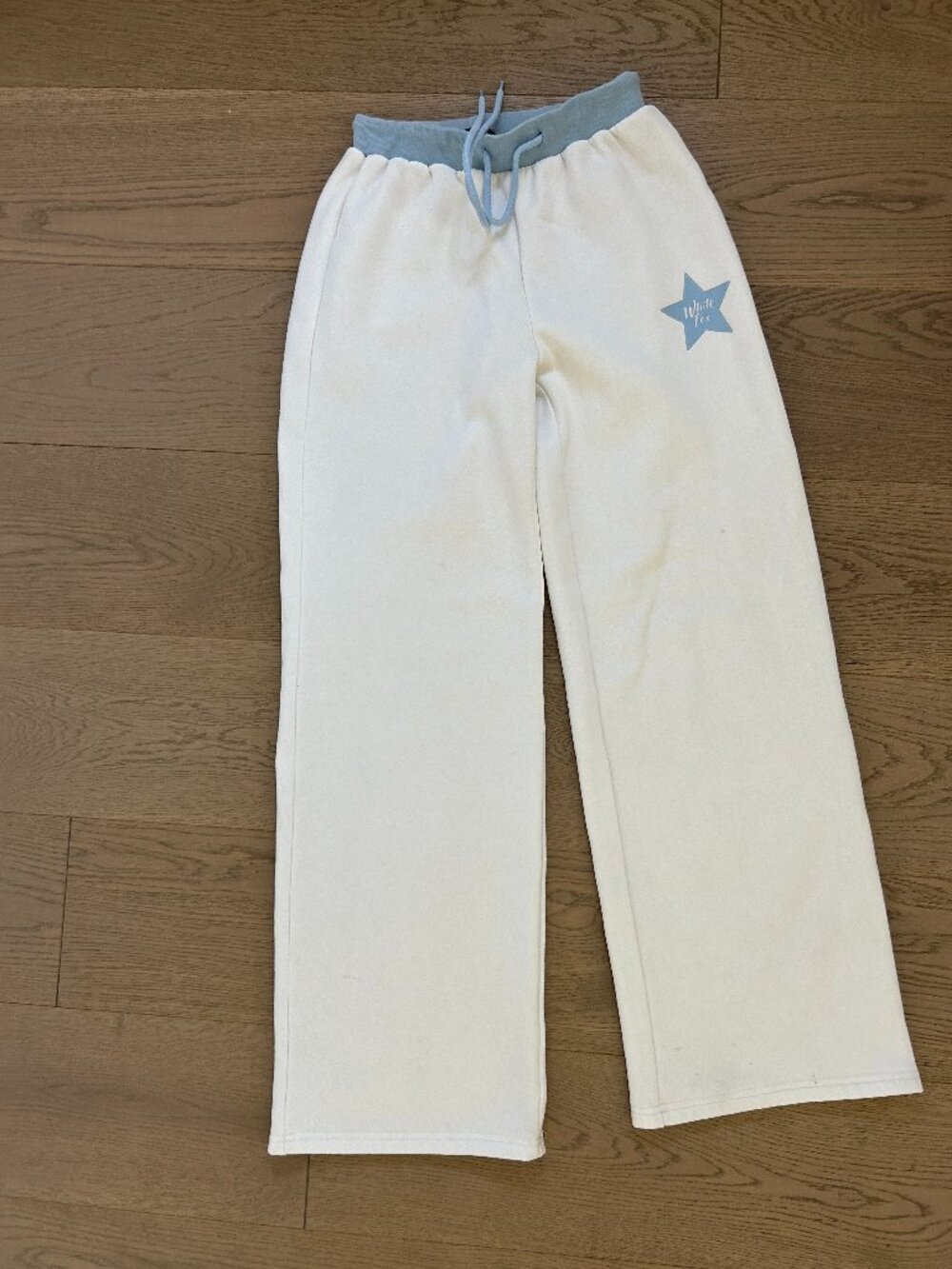 White Fox Cream Wide Leg Sweatpants Women's S Blue Waist Lounge Casual